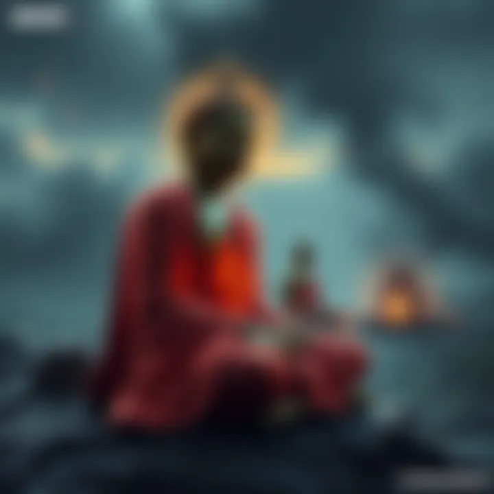 Buddha sitting peacefully, reflecting on compassion amidst turmoil, symbolizing the response to Sita's abduction