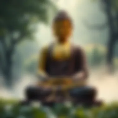 Buddha teaching compassion Buddha sitting peacefully with a serene expression, surrounded by a peaceful nature setting, symbolizing compassion and understanding over hatred.