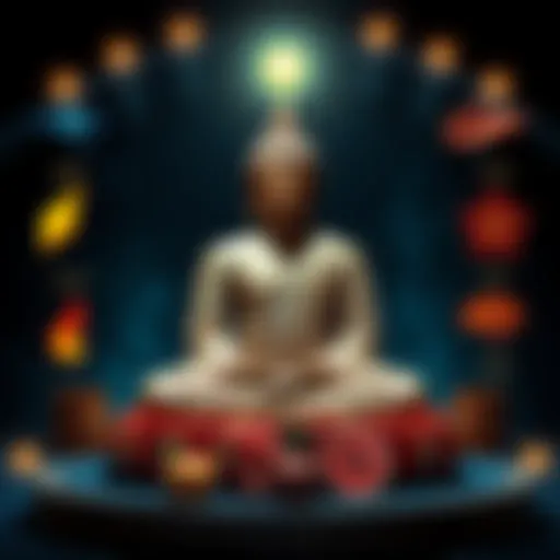 Buddha seated in meditation surrounded by symbols representing the six senses: sight, sound, touch, taste, smell, and mind.