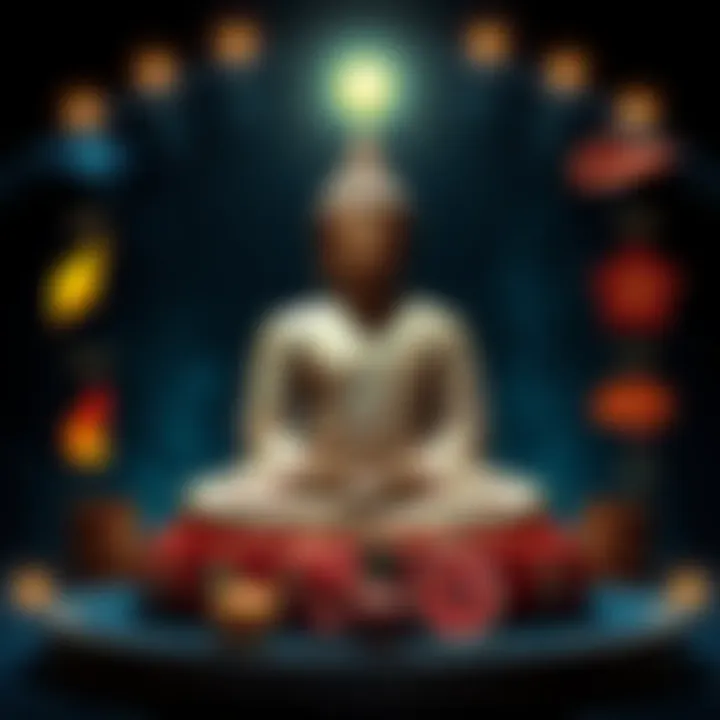 Buddha seated in meditation surrounded by symbols representing the six senses: sight, sound, touch, taste, smell, and mind.