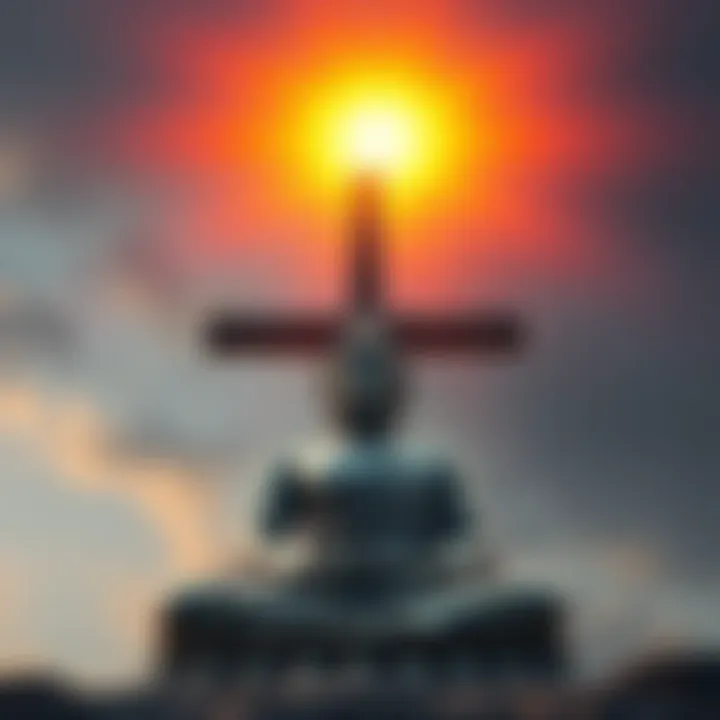 A visual of a meditative figure resembling Buddha alongside a Christian cross, symbolizing the blend of Buddhism and Christianity.