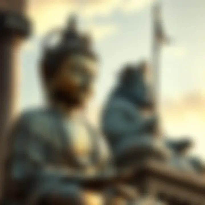 A serene representation of Buddha beside a statue of Cyrus the Great, symbolizing peace and leadership