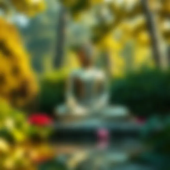 A serene scene depicting a Buddha statue surrounded by nature, symbolizing enlightenment in Buddhism and Hinduism.