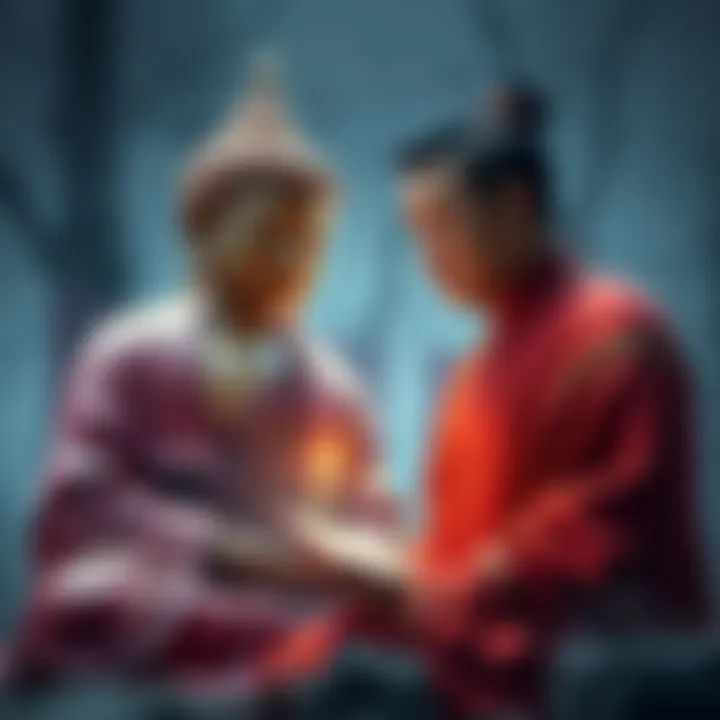 Buddha sharing wisdom with Fang Yuan, who looks contemplative and thoughtful