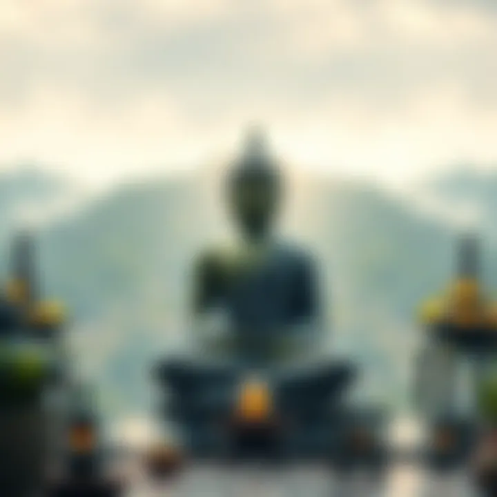 Buddha in meditation A serene Buddha statue sitting in meditation, surrounded by nature and symbols of peace, representing Buddhist teachings