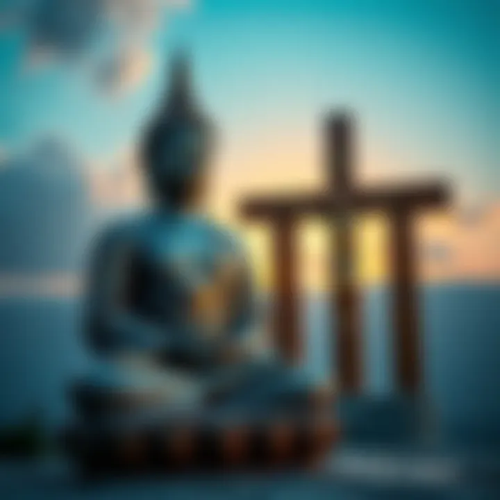 Buddha and Jesus Comparison A serene image showing a statue of Buddha in meditation next to a cross symbolizing Jesus. The scene captures the essence of inner peace and reflection on their teachings.