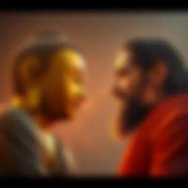 Buddha and Jesus in Discussion Buddha and Jesus facing each other, engaged in a serious conversation, with contrasting expressions reflecting their differing beliefs.