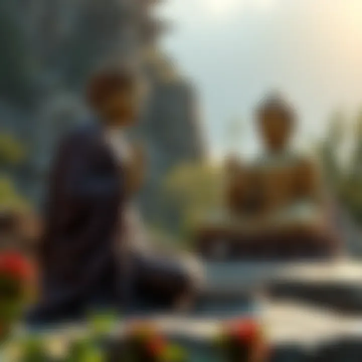 Mara, a figure expressing dissatisfaction, stands before Buddha who offers compassionate insight. They are in a serene setting surrounded by nature, symbolizing personal growth and understanding.