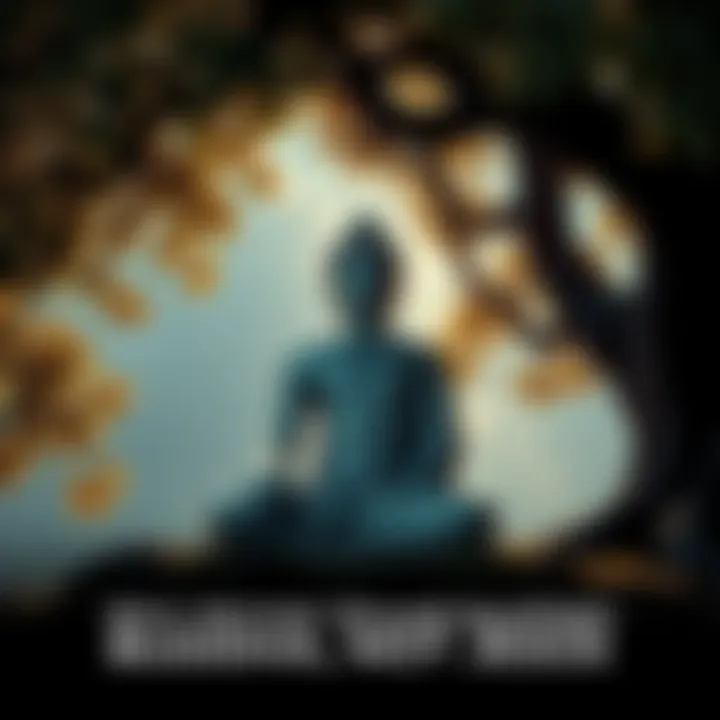 A serene Buddha figure sitting cross-legged under a lush tree, symbolizing peace and inner reflection