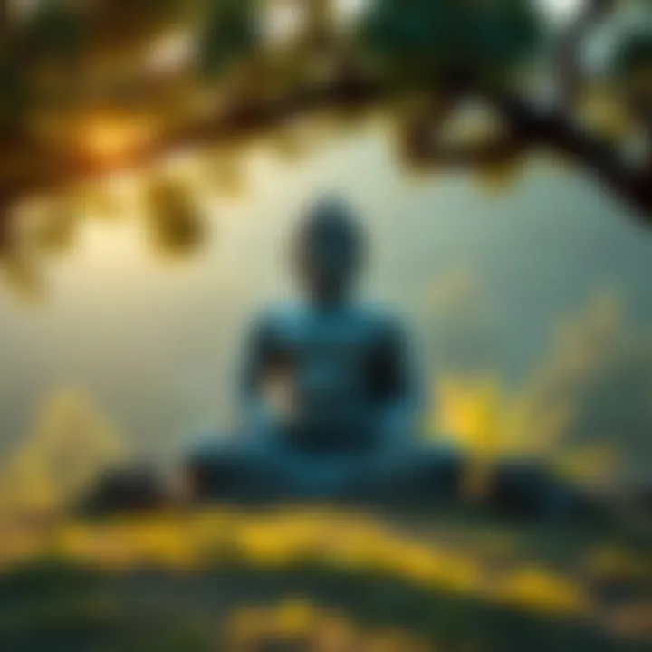 A serene depiction of Buddha meditating under a tree, surrounded by nature.