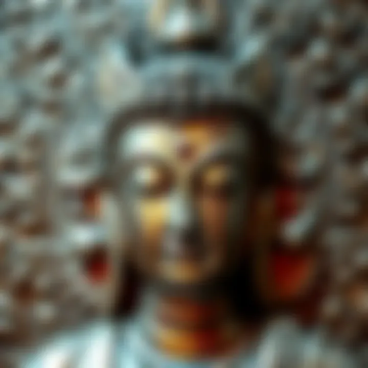 A close-up view of a stunning Buddha metal wall art piece, showcasing intricate designs and textures, reflecting cultural themes.
