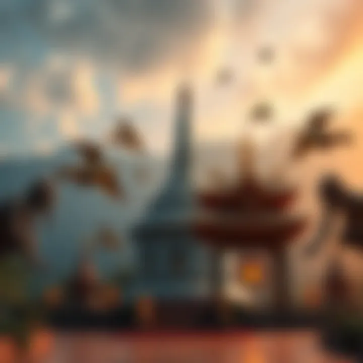 A serene Buddhist temple juxtaposed with symbols of curses, representing the contrast in beliefs.