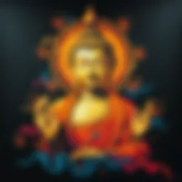 A serene Buddha painting on a large black canvas, showcasing peaceful expressions and intricate designs, creating a calming visual experience.
