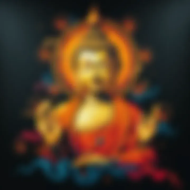 A serene Buddha painting on a large black canvas, showcasing peaceful expressions and intricate designs, creating a calming visual experience.