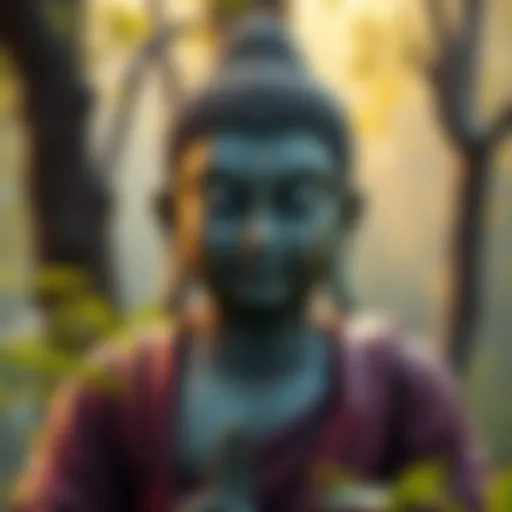 A tranquil Buddha figure surrounded by nature, symbolizing peace and wisdom
