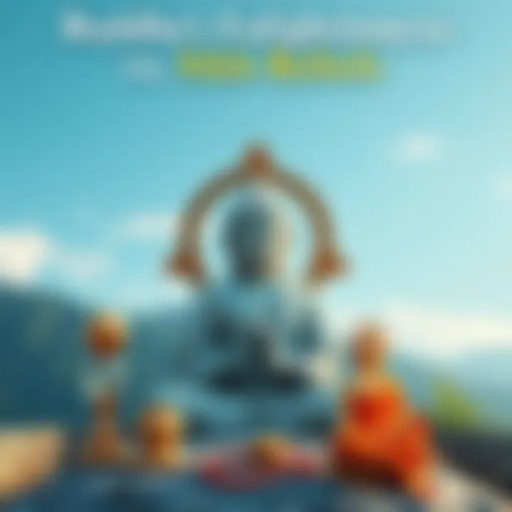 A serene Buddha statue surrounded by symbols representing Sikhism, including the Khanda and Waheguru, set against a peaceful nature background.