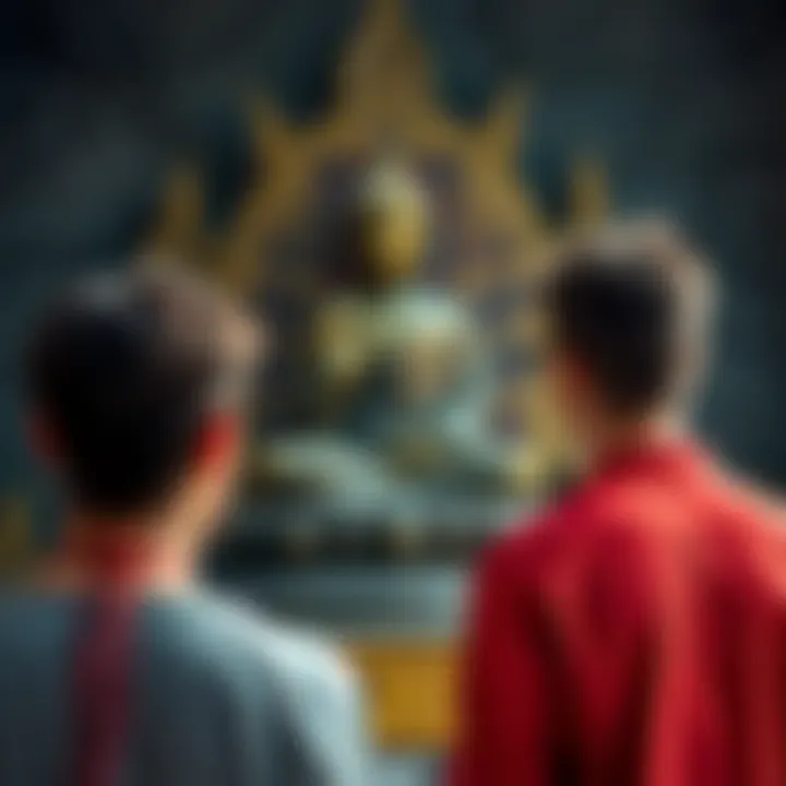 Two individuals with their faces toward a seated Buddha statue, showing unusual behavior in a spiritual setting.