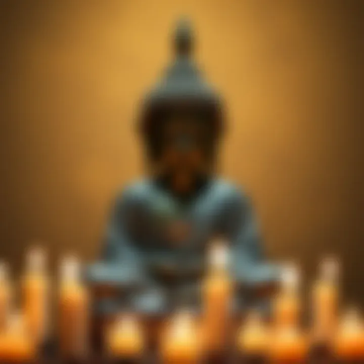 A serene Buddha statue surrounded by lit candles, symbolizing calmness and reflection in Buddhist practices.