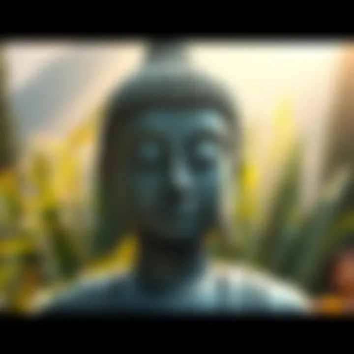 A Buddha statue portraying a thoughtful expression, surrounded by soft lighting and greenery, symbolizing the conversation around emotions in art.