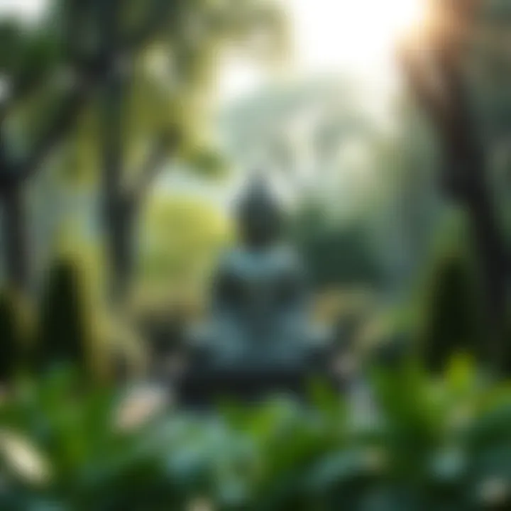 Buddha statue surrounded by nature A serene Buddha statue sitting peacefully in a lush green garden with sunlight filtering through the trees, symbolizing enlightenment and calmness.