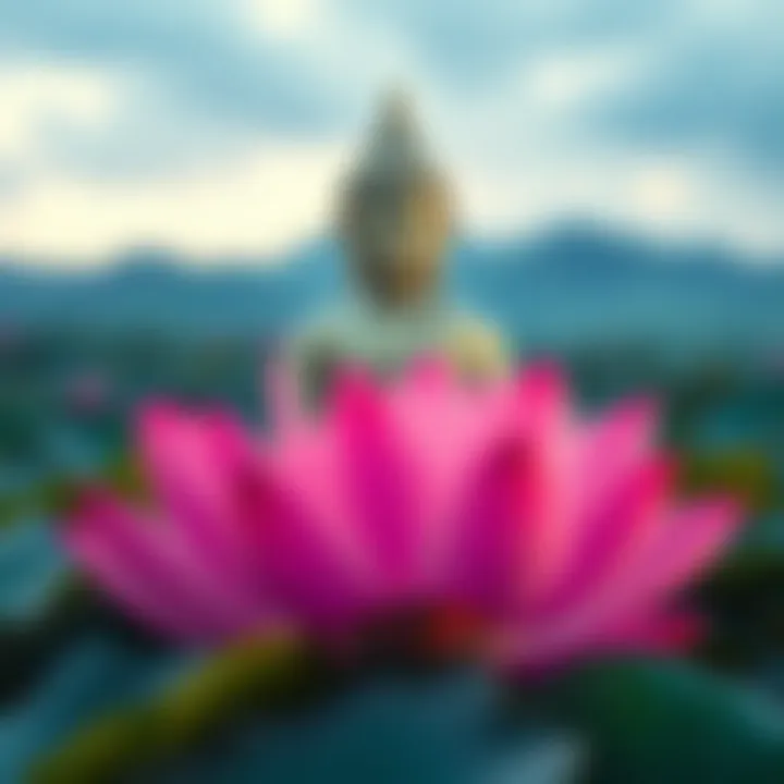 A serene Buddha statue surrounded by lotus flowers, symbolizing peace and mindfulness.