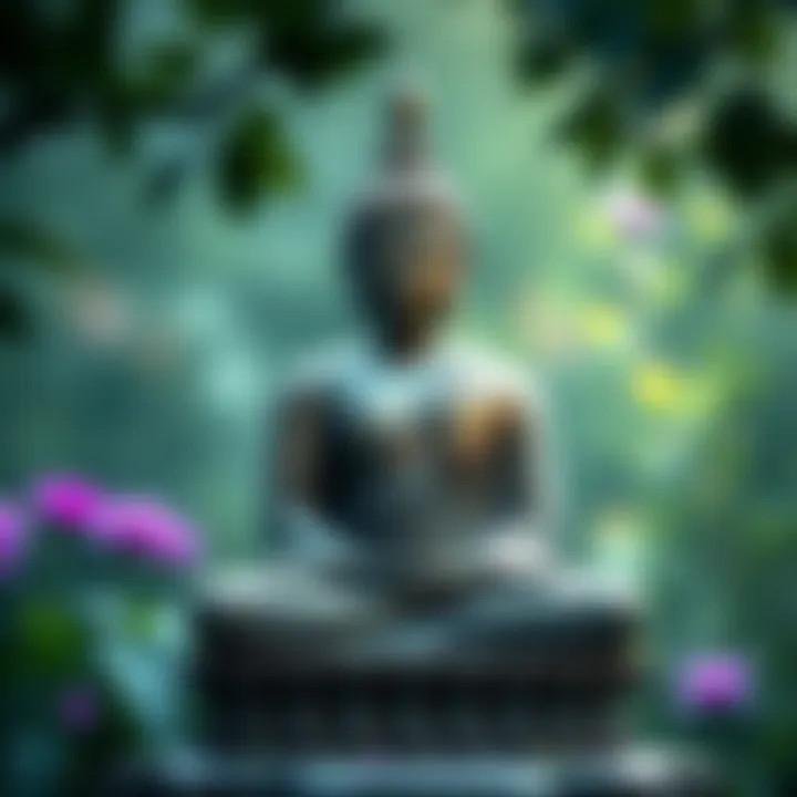 A serene Buddha statue meditating, surrounded by nature, symbolizing peace and contemplation.