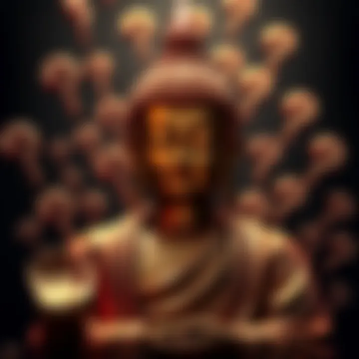 A serene Buddha statue surrounded by question marks, symbolizing the exploration of faith and inquiry in Buddhist teachings.
