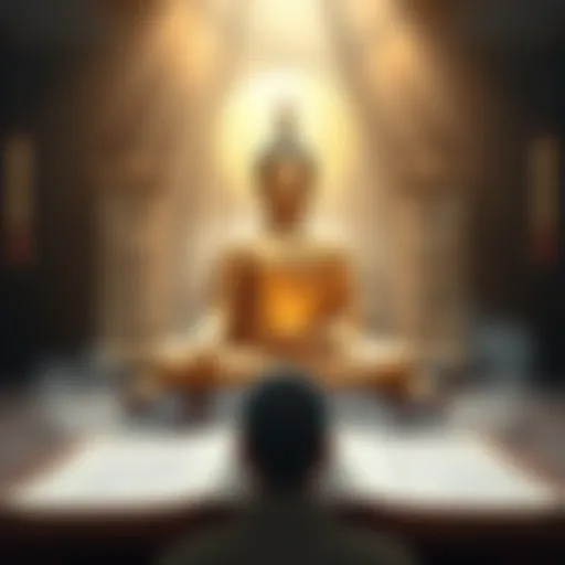 Buddha seated in meditation, surrounded by scrolls of teachings and symbols of Pure Land Buddhism, illustrating the contrast between Nimbutsu and other philosophies.