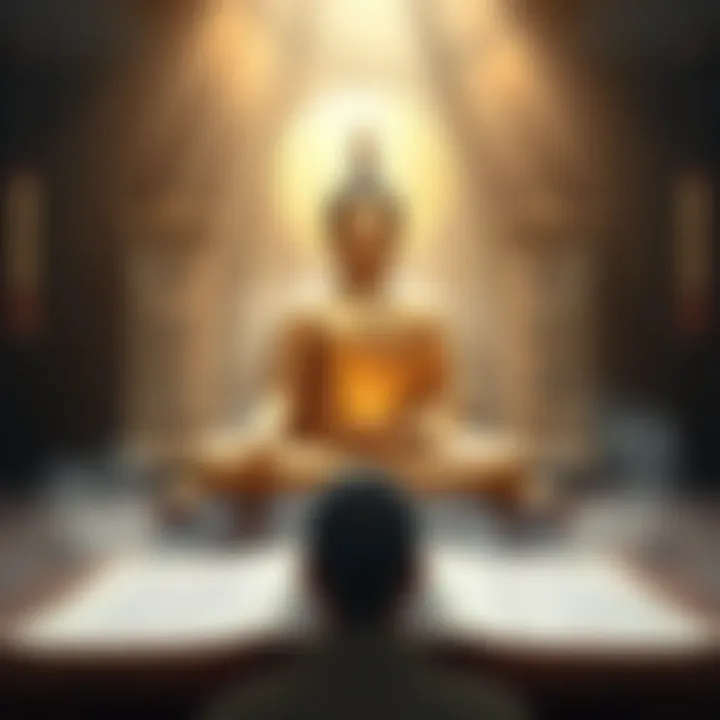 Buddha seated in meditation, surrounded by scrolls of teachings and symbols of Pure Land Buddhism, illustrating the contrast between Nimbutsu and other philosophies.