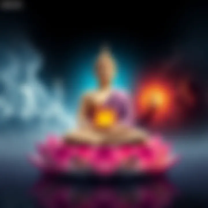 A serene depiction of Buddha sitting on a lotus, surrounded by contrasting images of light and dark deeds. A peaceful expression conveys the importance of actions and their moral implications.