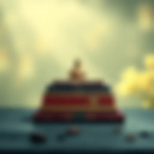 A stack of authentic Buddhist books with a calming background, symbolizing self-discipline and inner peace.