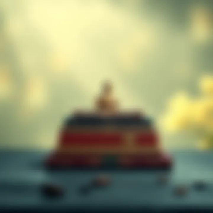 A stack of authentic Buddhist books with a calming background, symbolizing self-discipline and inner peace.