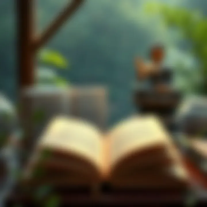 A collection of books opened to show quotes from the Buddha's teachings, surrounded by a peaceful setting.