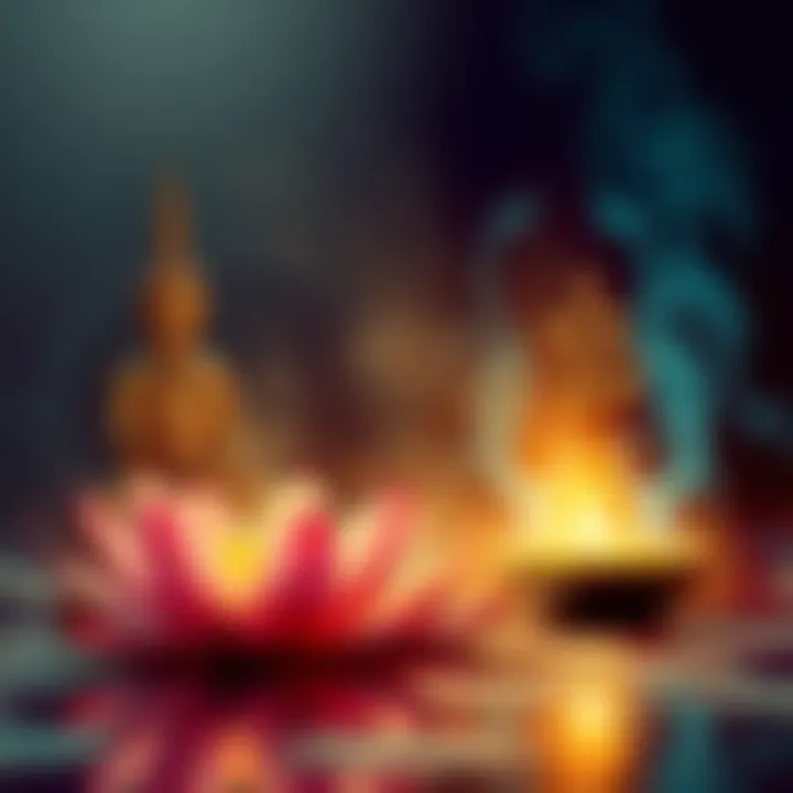 A peaceful scene showing symbols of Buddhism and Hinduism, like a lotus flower and an Om symbol, representing their beliefs in rebirth.