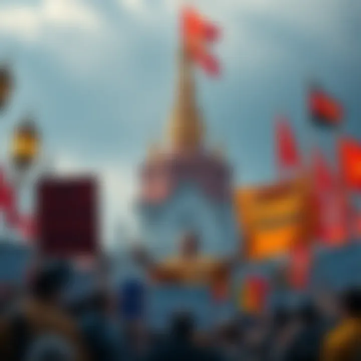 A peaceful protest with people holding banners that say 'Justice' and 'Freedom', set against a backdrop of Buddhist symbols.