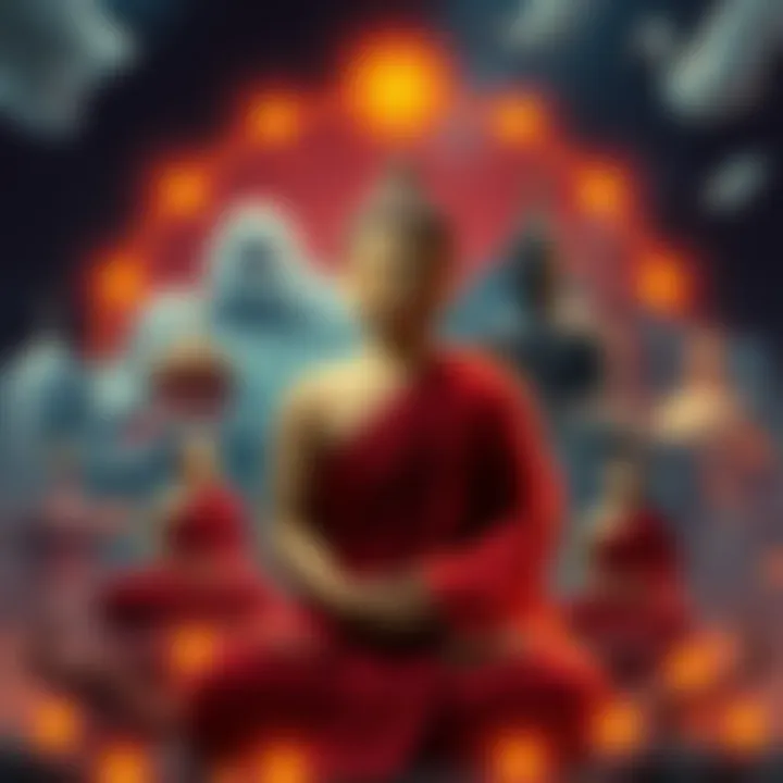 Buddhism Variants Diverse symbols representing different Buddhism paths, with images of temples and figures like Tsem Rinpoche.