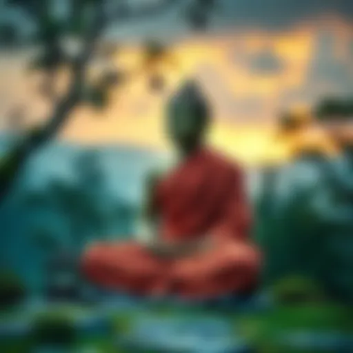 A serene Buddhist monk sitting in meditation, surrounded by nature, symbolizing peace and recovery from addiction.