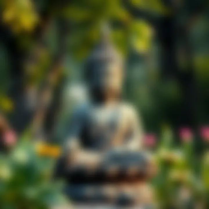 A serene image of a Buddha statue surrounded by nature, symbolizing peace and the letting go of desires.