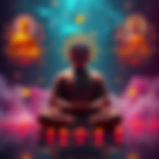 A calm figure in meditation, surrounded by symbols representing thought forms, with images of Vajrasattva and Tara in the background, symbolizing psychological constructs.