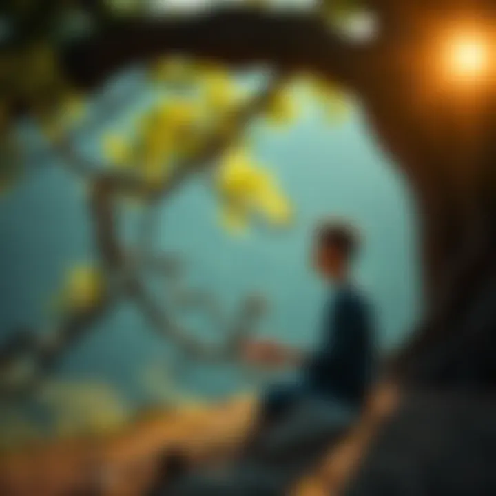 A young person meditating under a tree, surrounded by nature, symbolizing the journey into Buddhism and inner peace.