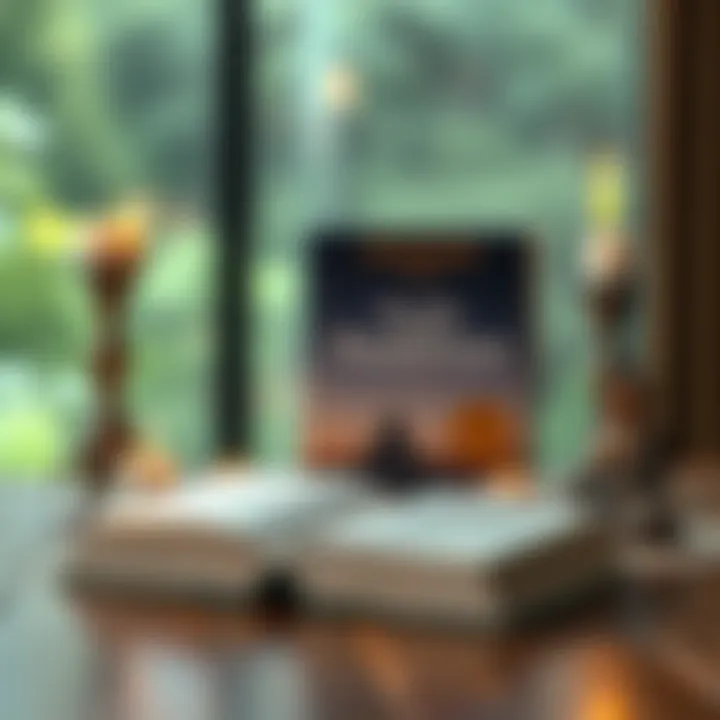 A beginner's book about Buddhism placed on a wooden table, surrounded by candles and a small Buddha statue, conveying a peaceful atmosphere.
