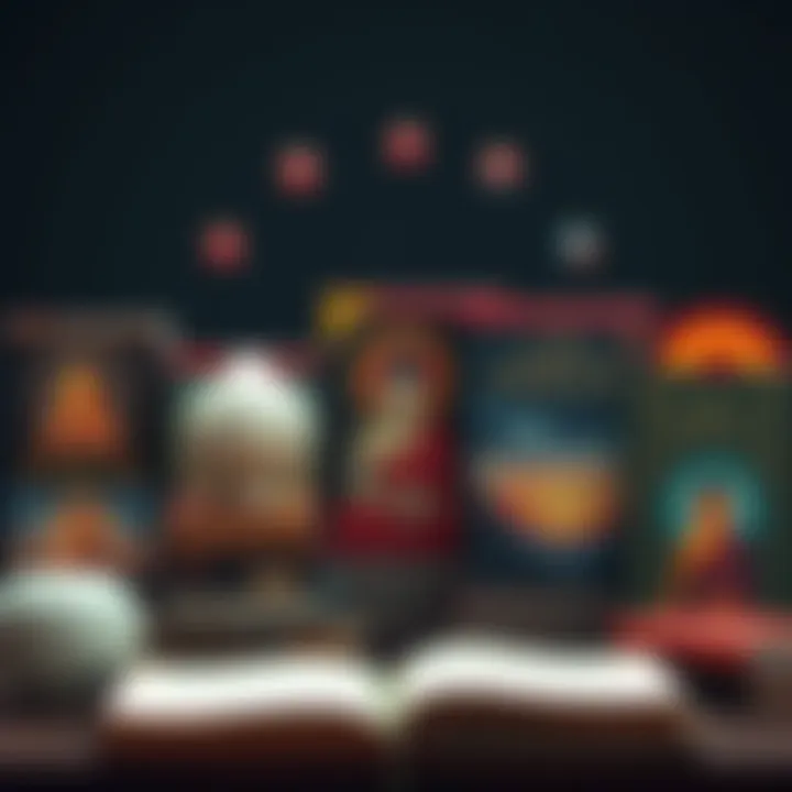 A collection of books about Buddhism and Siddhartha, featuring various covers with Buddhist symbols and serene imagery.