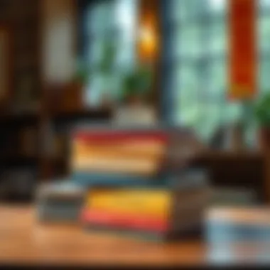 Books on Buddhism A collection of beginner-friendly books about Buddhism stacked on a wooden table with a warm light