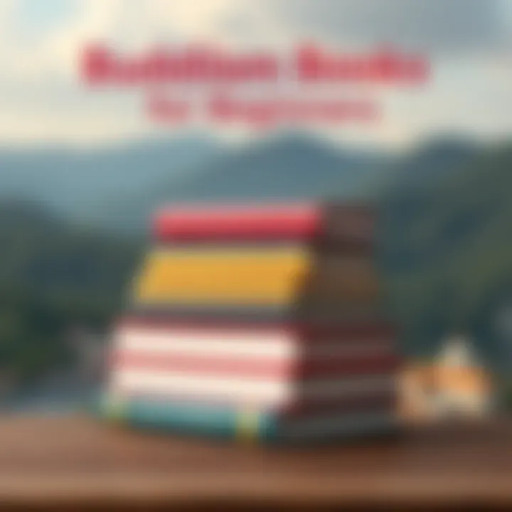 Buddhism Books for Beginners A stack of beginner-friendly Buddhism books with a tranquil background