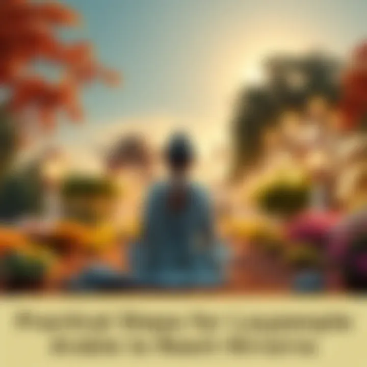 A peaceful scene with a person meditating in a serene garden with natural elements like trees and flowers, symbolizing spirituality and mindfulness.