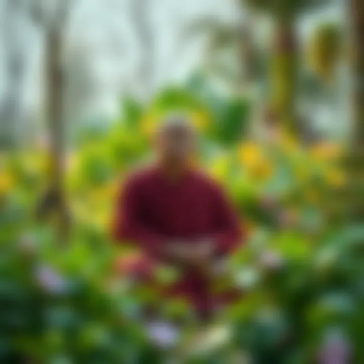 A peaceful Buddhist monk seated in a serene garden, contemplating the ethics of food production, surrounded by plants and nature.