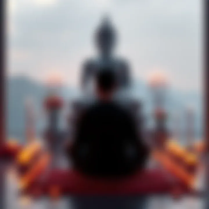 Buddhism Guidance A serene setting with a person sitting cross-legged, meditating in front of a Buddha statue surrounded by candles and flowers, symbolizing the journey to Buddhism for peace.
