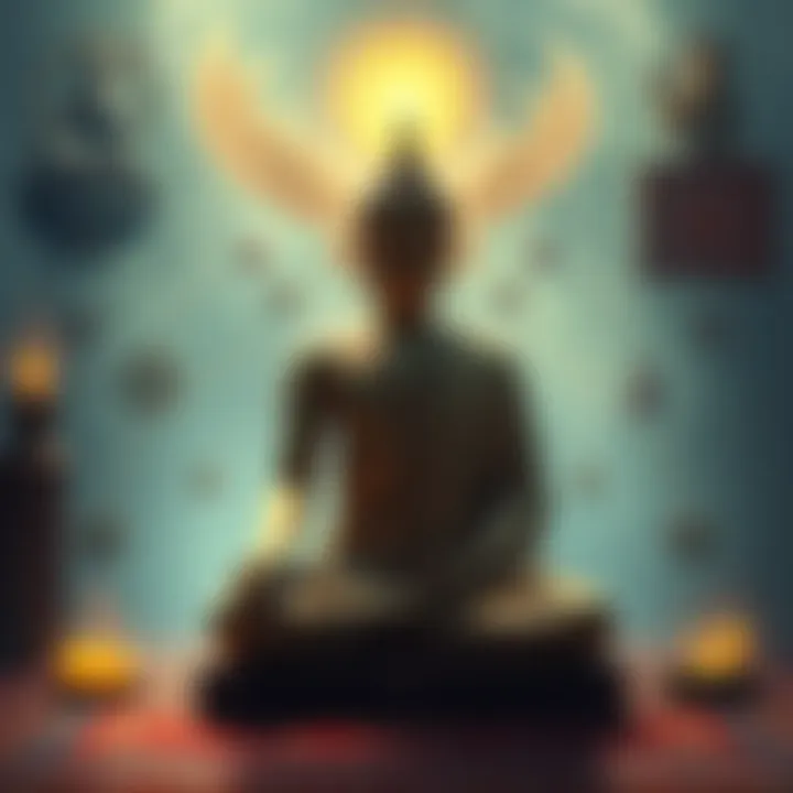 A serene scene showing a meditating figure surrounded by symbols of Hermetic teachings and Buddhist icons, representing the blend of spiritual philosophies.