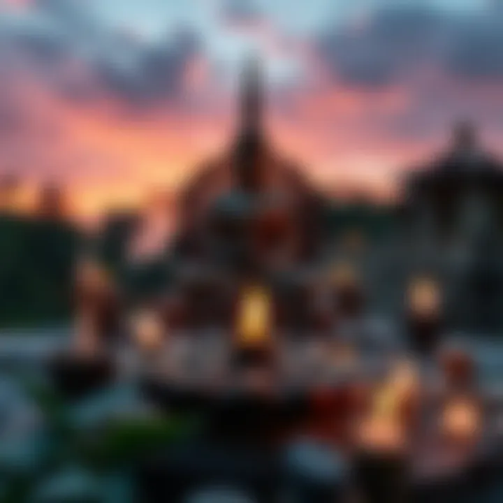 Symbols representing Buddhism and Hinduism with a background of peaceful nature