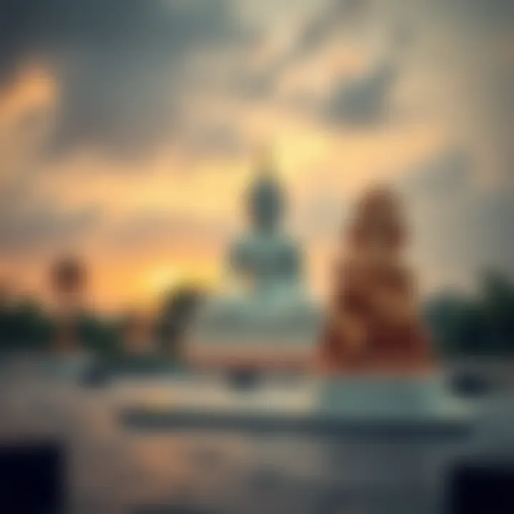 Buddhism and Hinduism Symbols A peaceful setting with symbols of Buddhism and Hinduism, including a statue of Buddha and a Ganesh figure, representing the connection between the two religions.